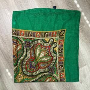 Vintage Paisley Wool Scarf Green Gold Thread Women's Fall‎